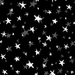 Seamless pattern design abstract sky stars, simple doodle lines scandinavian style background grunge texture. Nursery decor trend of the season, black gray white. Gift wrap fabrics, wallpapers. Vector