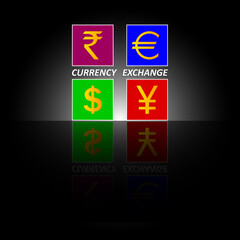 The inscription Currency exchange. Symbols of currencies, money of different countries for financial transactions on black background with mirror reflection