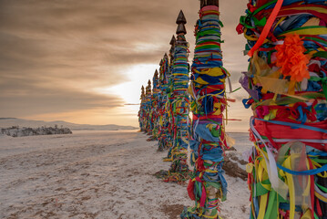 Wooden shaman totems at Burhan Cape, Baikal Lake, Russia