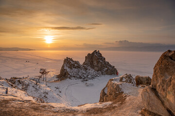 Shamanka Rock on Baikal lake near Khuzhir at Olkhon island in Siberia, Russia