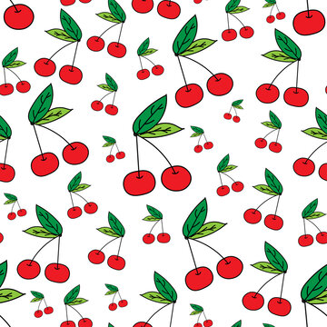Seamless pattern with red cherries and green leaves on a white isolated background for fabric, wallpaper, wrapping paper.