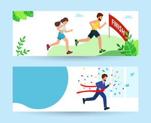 Fototapeta na wymiar A man and a woman run to race, the finish line. The concept of overcoming difficulties and achieving goals. Vector horizontal Banner in modern flat style.