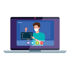 shopping online on website or mobile, man wearing medical mask against covid 19 with sign hanging in laptop vector illustration design