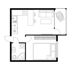 Apartment plan layout studio, condominium, flat, house. One bedroom plan apartment small space. Interior design elements kitchen, bedroom, bathroom with furniture. Vector floorplan living room.