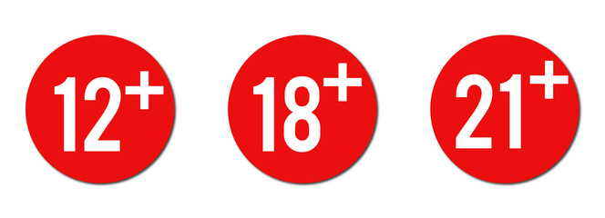 12, 18,21 plus years old signs set. Adults content icons