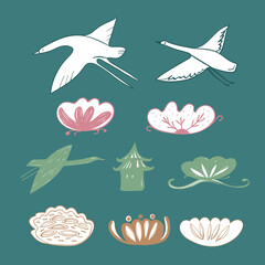 Card banner design cranes swans, herons birds fly, water lily, simple lines asian japanese chinese style blue white green pink background. trend of the season template for text copy space. Vector
