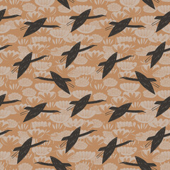 Seamless pattern cranes swans, herons birds fly, water lily, simple lines asian japanese chinese style brown gray background. trend of the season. Can be used for Gift wrap fabrics, wallpapers. Vector
