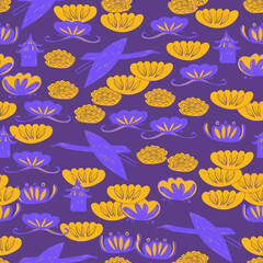 Seamless pattern cranes swans, herons birds fly, water lily, simple asian japanese chinese style orange purple background. trend of the season. Can be used for Gift wrap fabrics, wallpapers. Vector