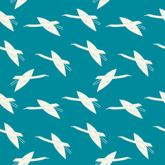 Seamless pattern white cranes swans, herons birds fly, green blue turquoise sky, simple lines scandinavian style background. trend of the season. Can be used for Gift wrap fabrics, wallpapers. Vector