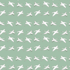 Seamless pattern white cranes swans, herons birds fly, green blue turquoise sky, simple lines scandinavian style background. trend of the season. Can be used for Gift wrap fabrics, wallpapers. Vector
