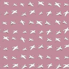 Seamless pattern white cranes swans, herons birds fly, pink coral rosy sky, simple lines scandinavian style background. trend of the season. Can be used for Gift wrap fabrics, wallpapers. Vector