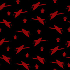 Fototapeta premium Seamless pattern red maroon cranes swans, herons birds fly, pagoda black sky, simple lines scandinavian style background. trend of the season. Can be used for Gift wrap fabrics, wallpapers. Vector