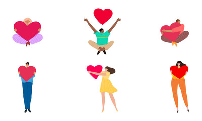 Happy people holding big red hearts and expressing love