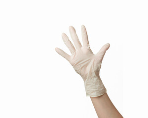 hand of a girl in a white rubber glove on a white background
