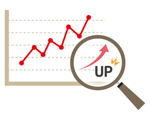 虫眼鏡でグラフを拡大するベクターイラスト　ルーペのアイコン　矢印　株価上昇　景気