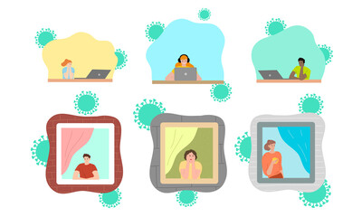 People staying at home, working from home at looking at window
