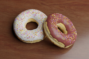 unhealthy but tempting sugary dessert - two yummy and delicious donuts with colored sprinkles on shinny wood table in calories and sugar abuse nutrition concept