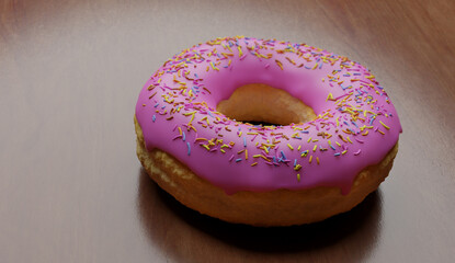 unhealthy but tempting sugary dessert - yummy and delicious pink icing glazed donut with colored...