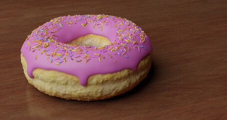 unhealthy but tempting sugary dessert - yummy and delicious pink icing glazed donut with colored sprinkles on shinny wood table in calories and sugar abuse nutrition concept