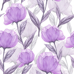 Floral seamless pattern with peonies watercolour. Summer background on white.
