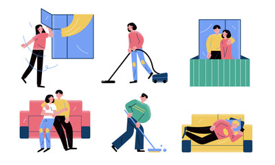 People carrying food, cleaning apartment and enjoying life at home indoors at pandemic