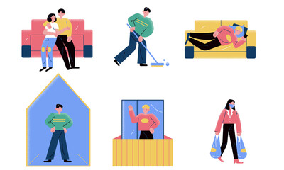 People carrying food, cleaning apartment and enjoying life at home during isolation