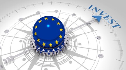 Business concept. Abstract compass points to the invest word. Flag of the European Union. 3D rendering