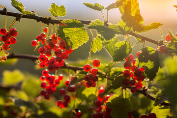Red currants on the bush branches at sunset in  the garden, harvest of red currants on the branches, red currant branch in sun light, agriculture and food concept