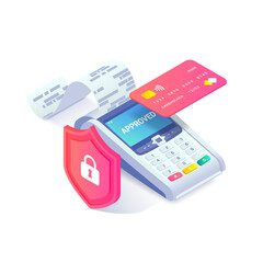 Contactless payment via credit card isometric concept. 3d payment machine printing check, plastic debit card behind shield. Cashless transaction protection, NFC payment safety. Vector illustration