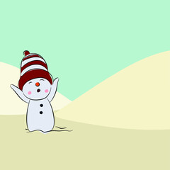 Happy snowman standing in winter christmas landscape. Merry christmas and happy new year greeting card. Funny snowman in hat on snowy background. Copy space for text
