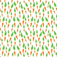 Seamless pattern with orange carrots with green leaves, isolated on white background trend of the season. Can be used for Gift wrap fabrics, wallpapers, food packaging. Vector