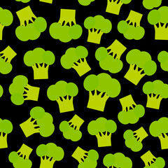 Fototapeta premium Seamless pattern with broccoli green cabbage, on black background trend of the season. Can be used for Gift wrap fabrics, wallpapers, food packaging. Vector