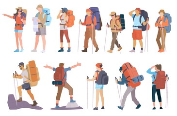 People with hiking backpack and trekking sticks. Young men and women explorer or traveller in sportswear. Adventure tourism, travel and discovery flat vector illustration. - obrazy, fototapety, plakaty