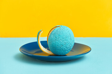 painted orange in blue on a plate. peeled slice of peel. yellow background. copy space