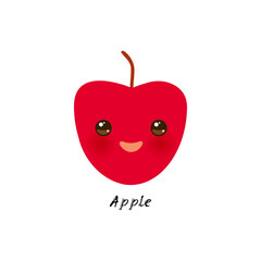 cute Kawaii red apple with eyes and pink cheeks, isolated on white background trend of the season. Can be used for cards for children learning words, food packaging. Vector