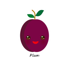 cute Kawaii purple plum with eyes and pink cheeks, isolated on white background trend of the season. Can be used for cards for children learning words, food packaging. Vector