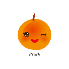 cute Kawaii peach with eyes and pink cheeks, isolated on white background trend of the season. Can be used for cards for children learning words, food packaging. Vector