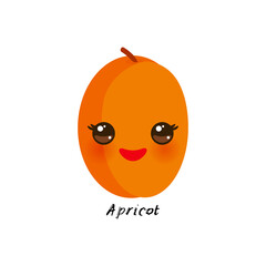 cute Kawaii apricot with eyes and pink cheeks, isolated on white background trend of the season. Can be used for cards for children learning words, food packaging. Vector