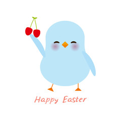 Happy Easter greeting card banner template. Kawaii blue chick cute funny bird with pink cheeks and winking eyes, red cherry, pastel colors isolated on white background. Vector