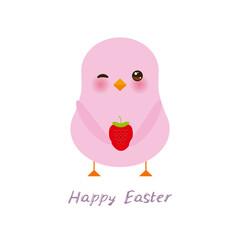 Happy Easter greeting card banner template. Kawaii pink chick cute funny bird with pink cheeks and winking eyes, strawberry, pastel colors isolated on white background. Vector