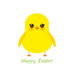 Happy Easter greeting card banner template. Kawaii orange yellow chick cute funny bird with pink cheeks and winking eyes, pastel colors isolated on white background. Vector