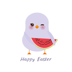 Happy Easter greeting card banner template. Kawaii lilac chick cute funny bird with pink cheeks and winking eyes, watermelon, pastel colors isolated on white background. Vector