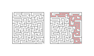 Labyrinth maze game for children. Difficult puzzle with solution. Vector illustration.
