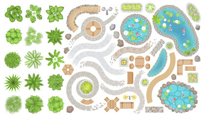 Set of park elements. (Top view) Collection for landscape design, plan, maps. (View from above) Trees, plants, paths, furniture, ponds, stones. - 361733931