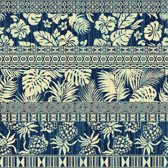 Grunge tropische hibiscus bladeren en tribal Hawaiiaanse ornament patchwork abstract vector naadloze patroon