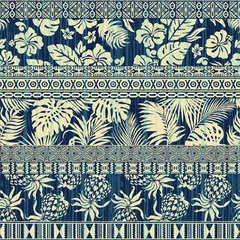  Grunge tropische hibiscus bladeren en tribal Hawaiiaanse ornament patchwork abstract vector naadloze patroon © PrintingSociety