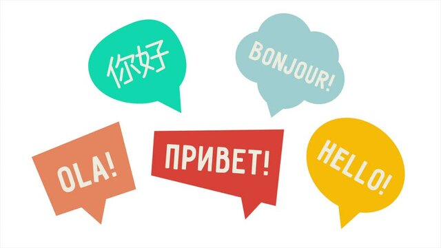 Speech Bubbles Show Up Hello In Different World Languages. Understanding and translation concept. Motion graphic. Video available in 4K FullHD and HD render footage
