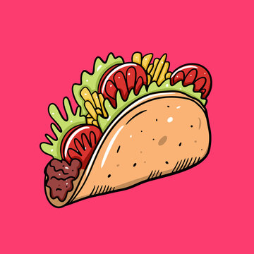 Taco vector illustration. Mexican food. Cartoon style. Isolated on pink background.