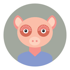 Kawaii funny little pig, portrait, face on Gray round background. Card banner design Nursery decor trend of the season, scandinavian style. Vector