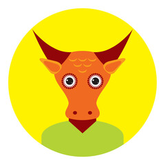 Kawaii funny little bull buffalo cow, portrait, face on yellow round background. Card banner design Nursery decor trend of the season, scandinavian style. Vector